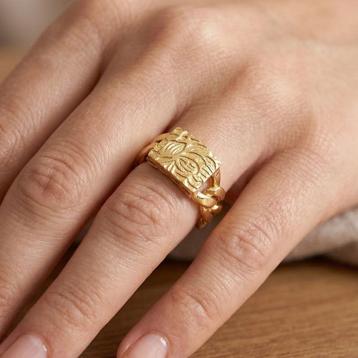 14K Yellow Gold Flower of Life Curb Ring