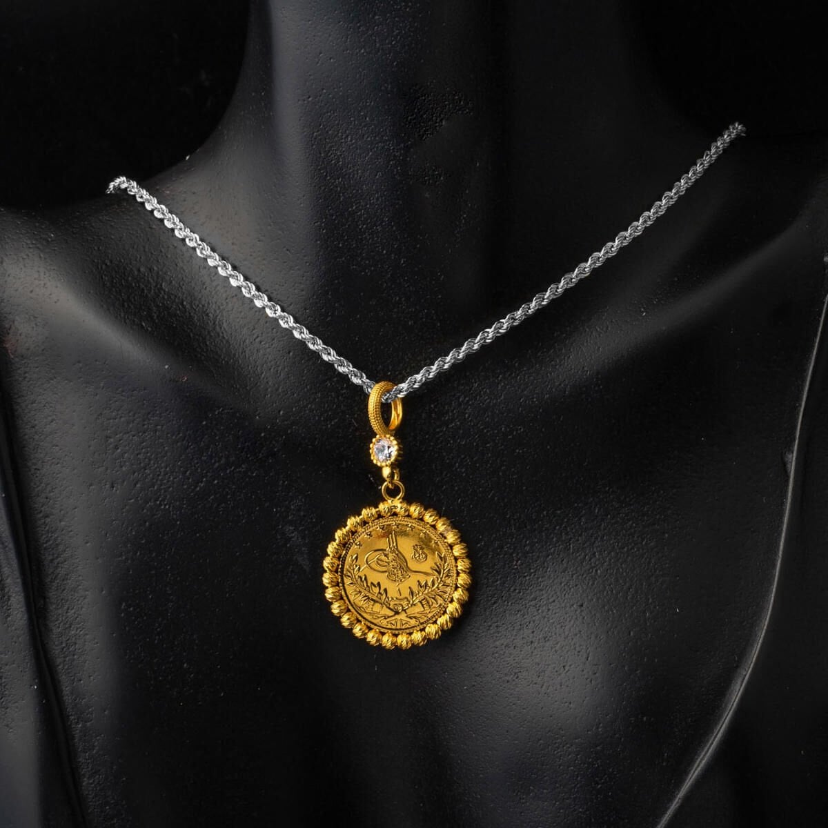 14K Yellow Gold Half Ottoman Resat Coin Cubic Zirconia Pendant