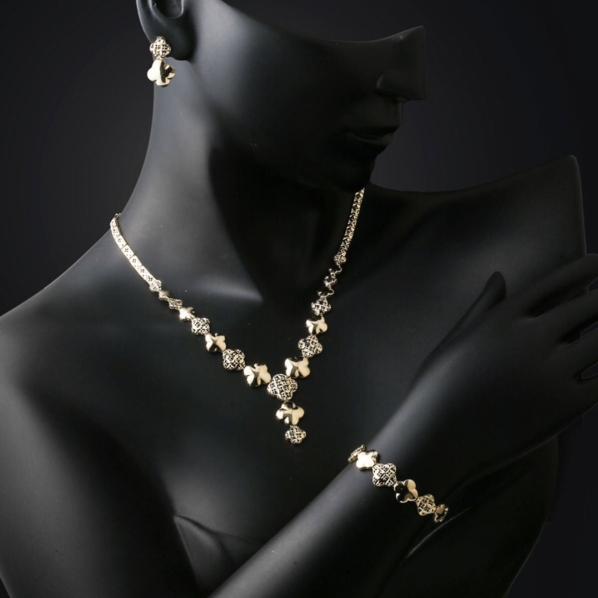 14K Yellow Gold Italian Clover Bridal Jewelry Set