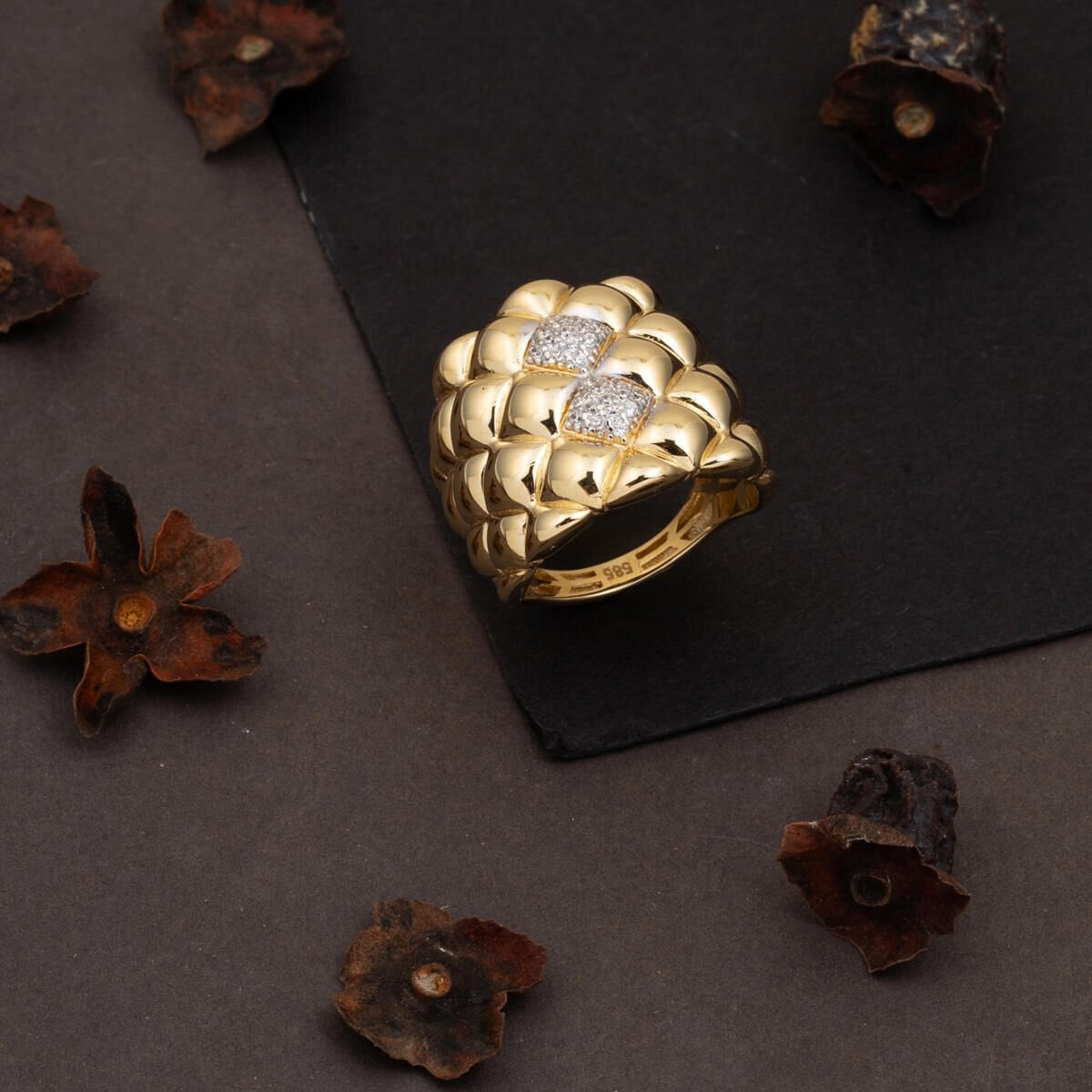 14K Yellow Gold Sparkling Design Cubic Zirconia Ring