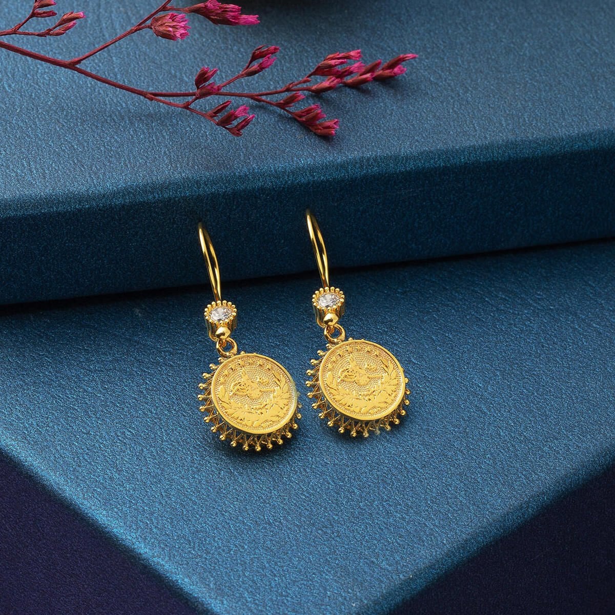 14K Yellow Gold Ottoman Tughra Drop Cubic Zirconia Earrings
