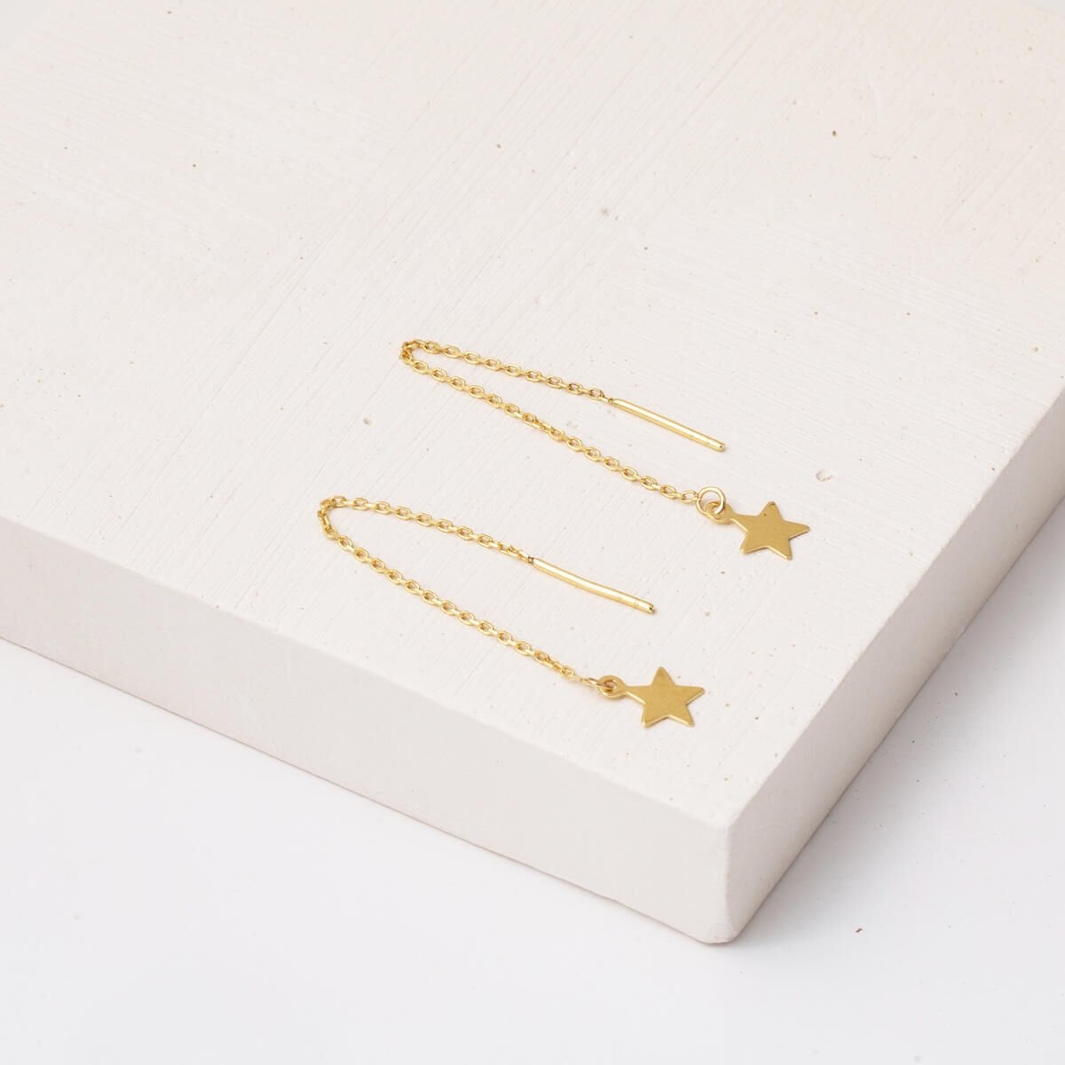 14K Yellow Gold Star Dangle Chain Earrings