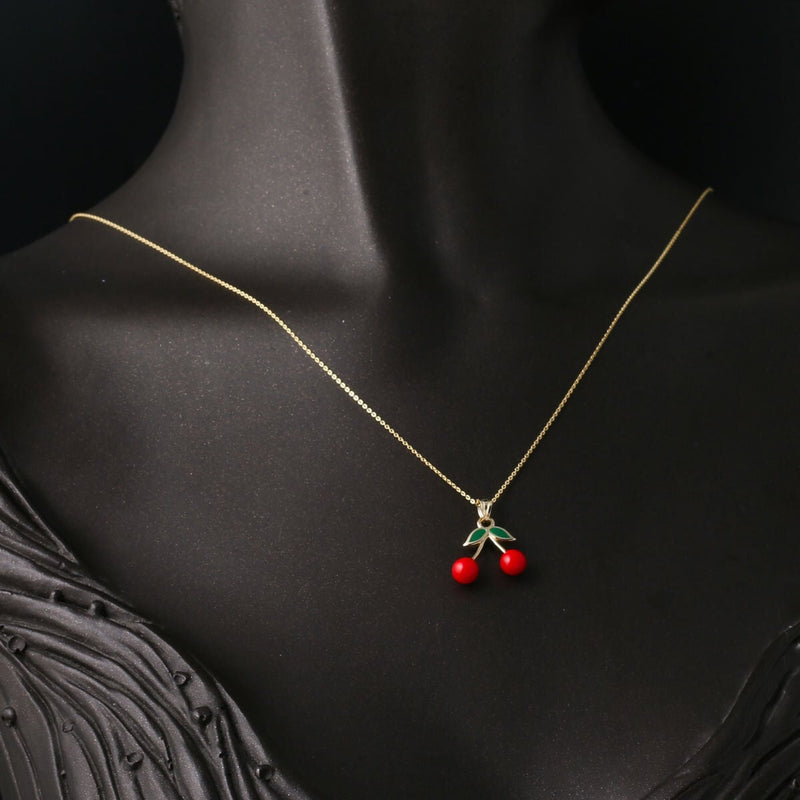 14K Yellow Gold Cherry Enamel Necklace
