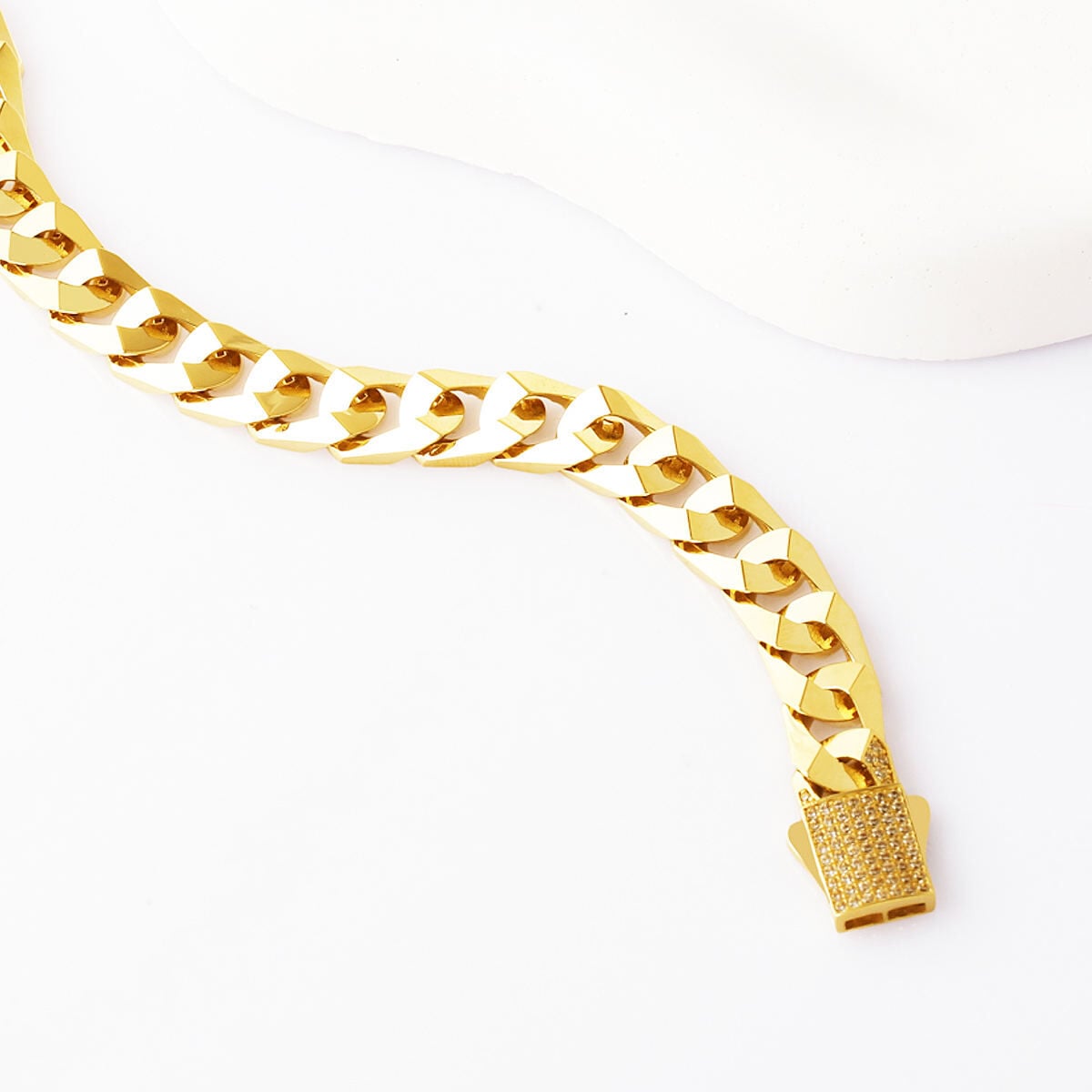 14K Yellow Gold Italian Curb Buckle Cubic Zirconia Bracelet