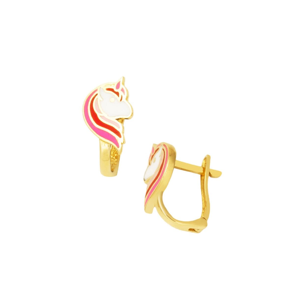 14K Yellow Gold Pink Unicorn Enamel Children's Earrings