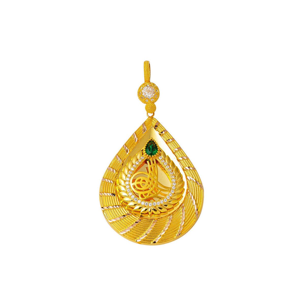 14K Yellow Gold Teardrop Ottoman Tughra Cubic Zirconia Pendant (6.93 g)