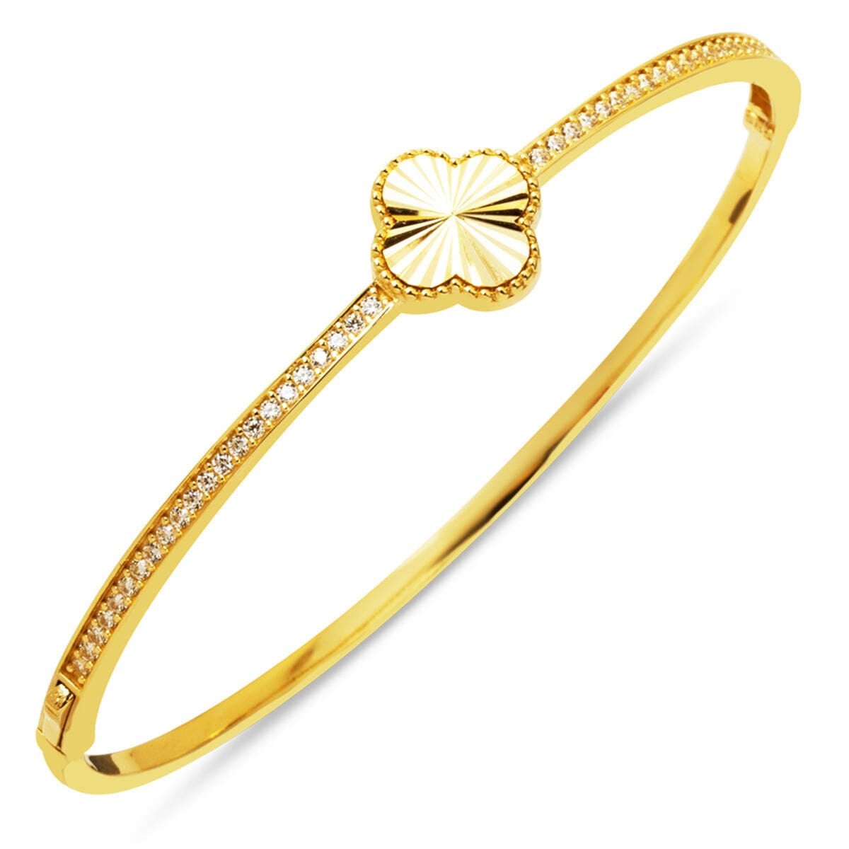 14K Yellow Gold Sparkling Clover Hinged Cuff Cubic Zirconia Bangle