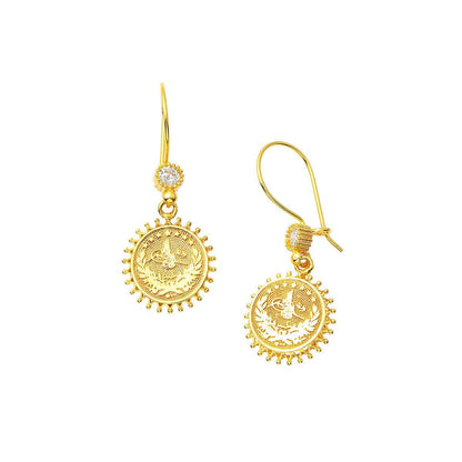 14K Yellow Gold Ottoman Tughra Drop Cubic Zirconia Earrings