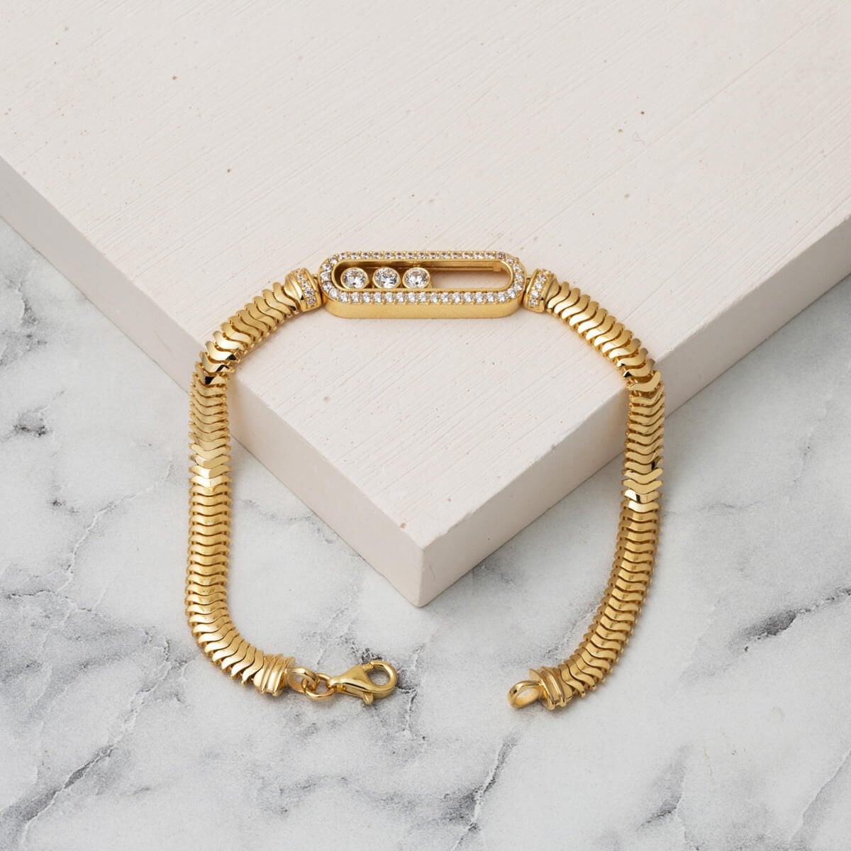 14K Yellow Gold Jessica Herringbone Cubic Zirconia Bracelet
