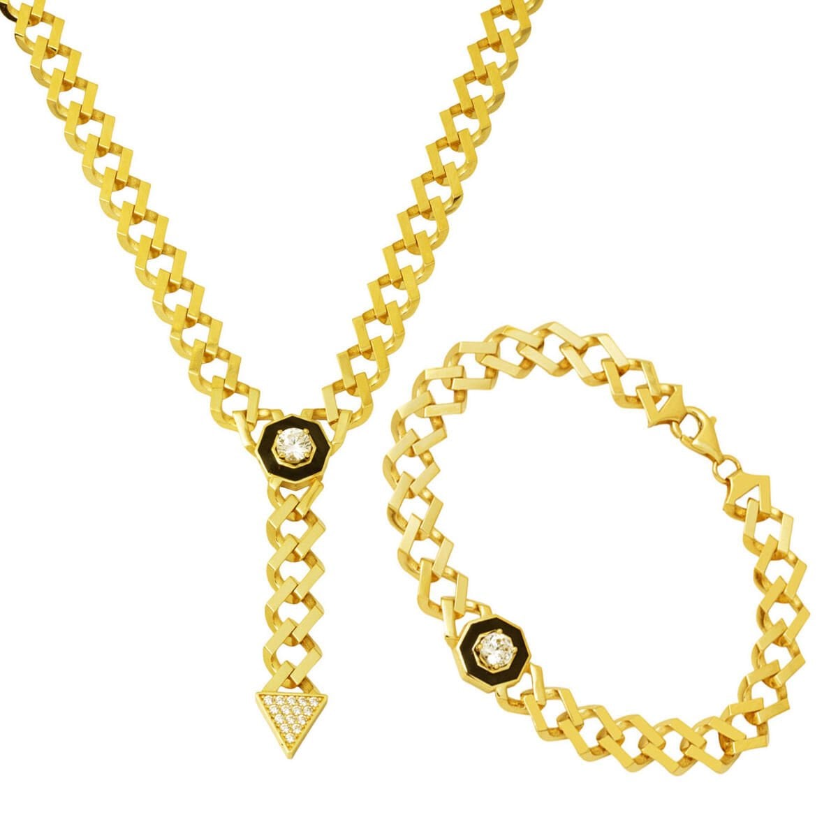 14K Yellow Gold Curb Cagla Cubic Zirconia Jewelry Set
