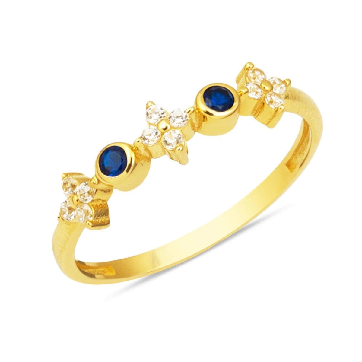 14K Yellow Gold Lotus Navy Blue Cubic Zirconia Ring