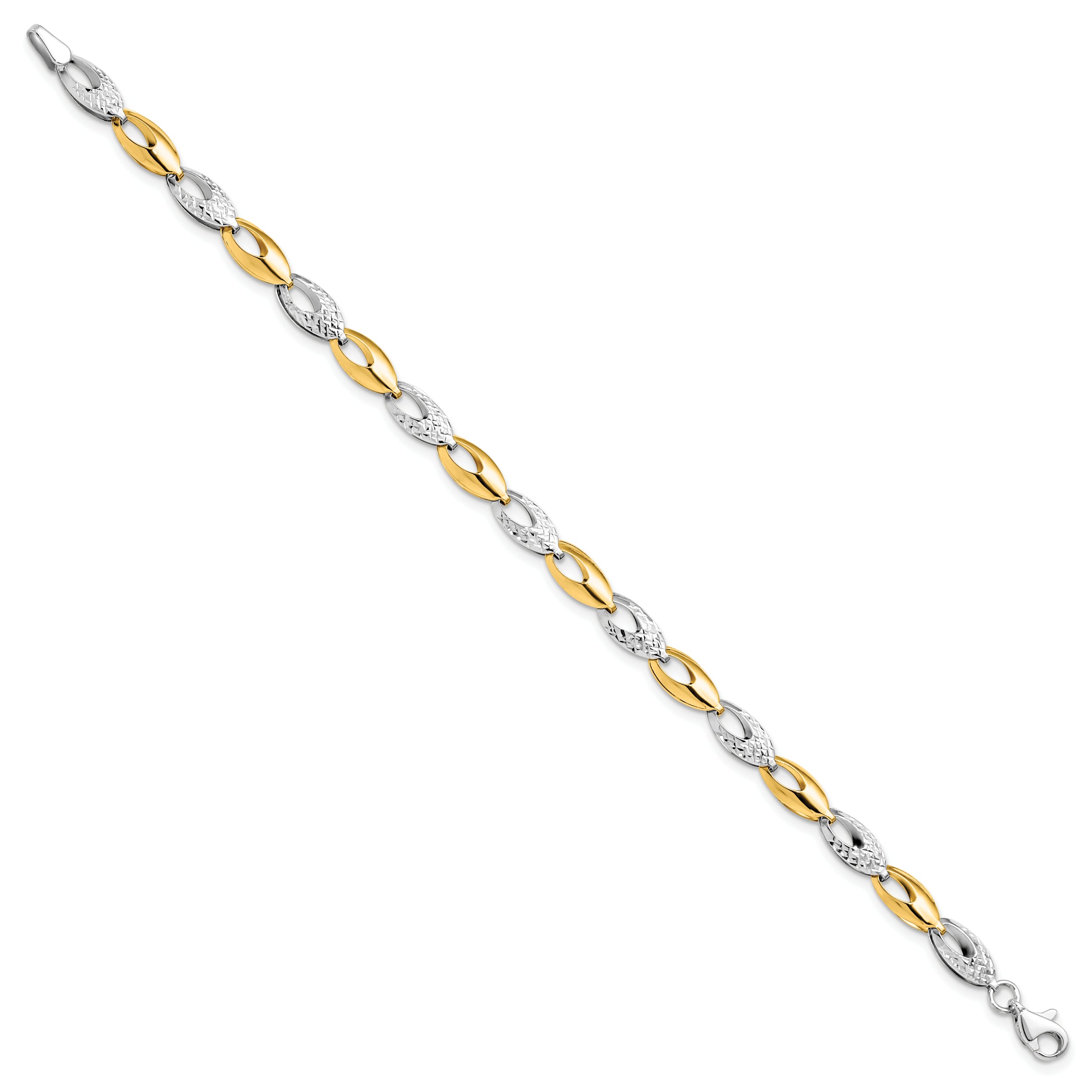 14K Two Tone Polished And Diamond Cut Fancy Link Bracelet