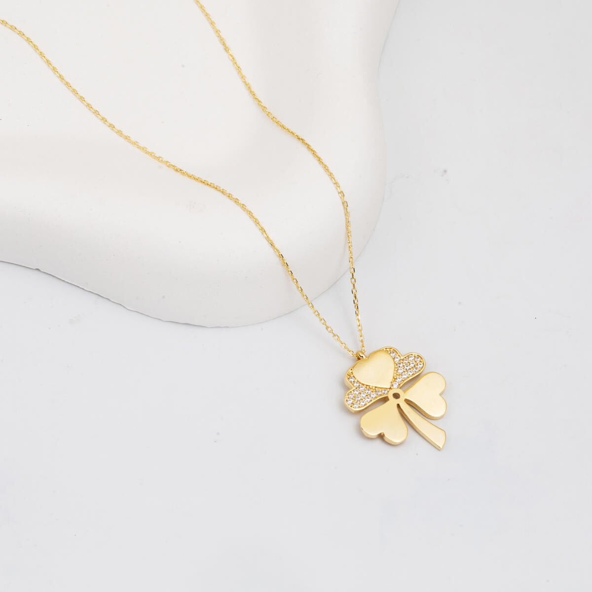 14K Yellow Gold Four Leaf Clover Cubic Zirconia Necklace