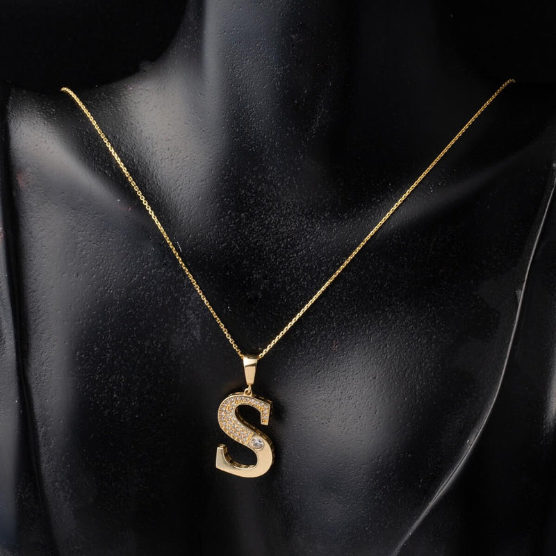 14K Yellow Gold Lettera Large S Initial Cubic Zirconia Necklace