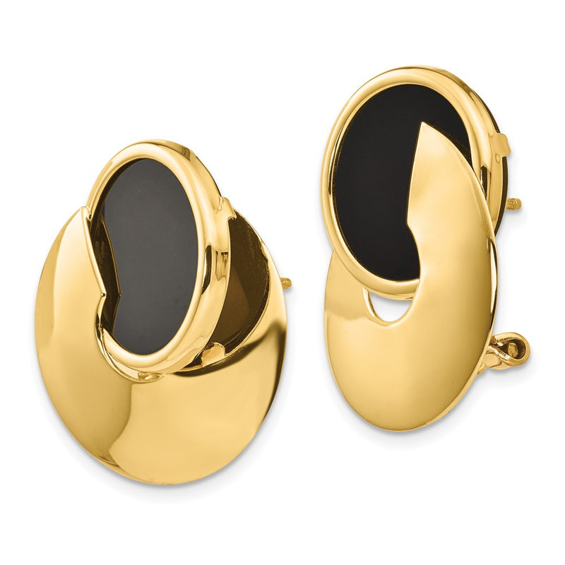14K Yellow Gold Black Onyx Fancy Contemporary Omega Back Earrings