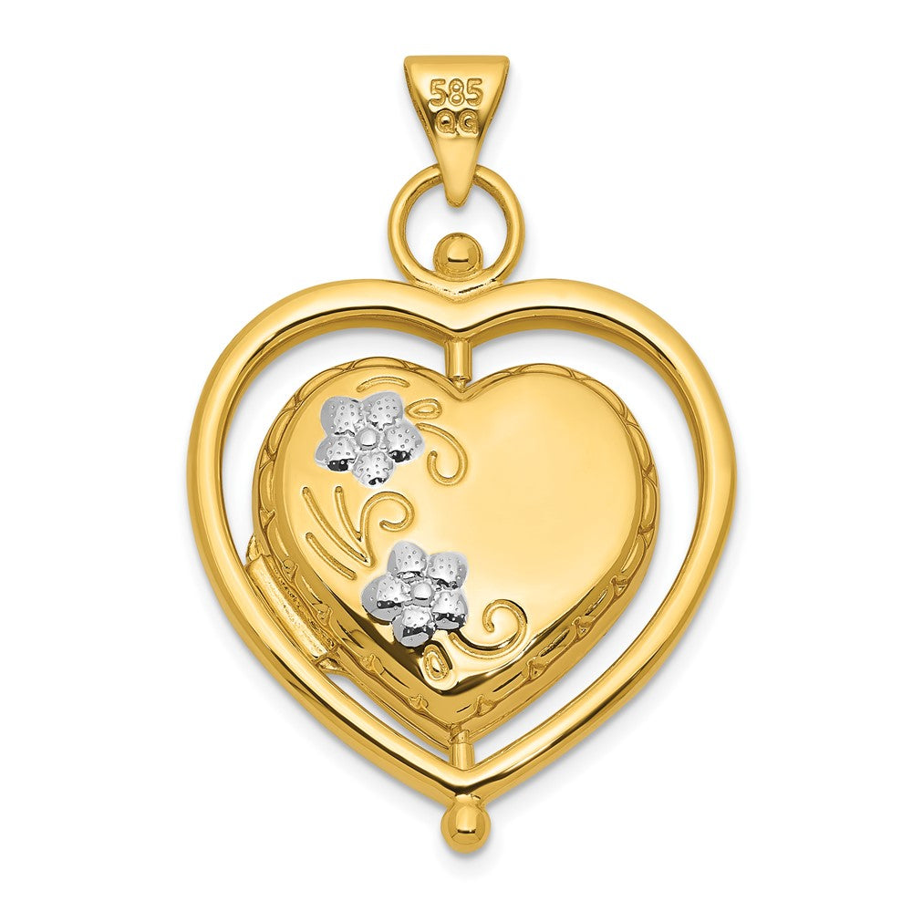 14K Yellow Gold and Rhodium Tree of Life and Flowers in Spinning Frame Reversible 15mm Heart Locket