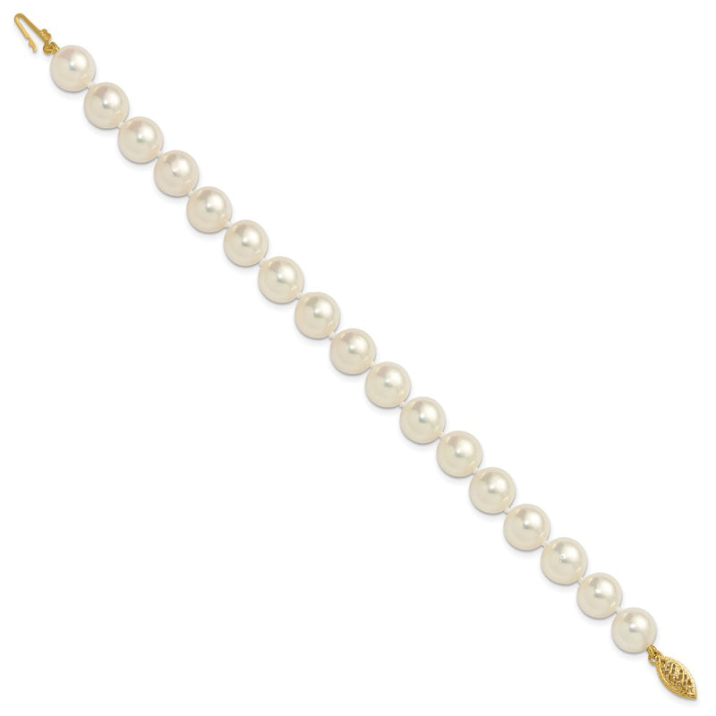 14K Yellow Gold Polished 9-10mm Round Akoya Saltwater Cultured Pearl 7 Inch Bracelet