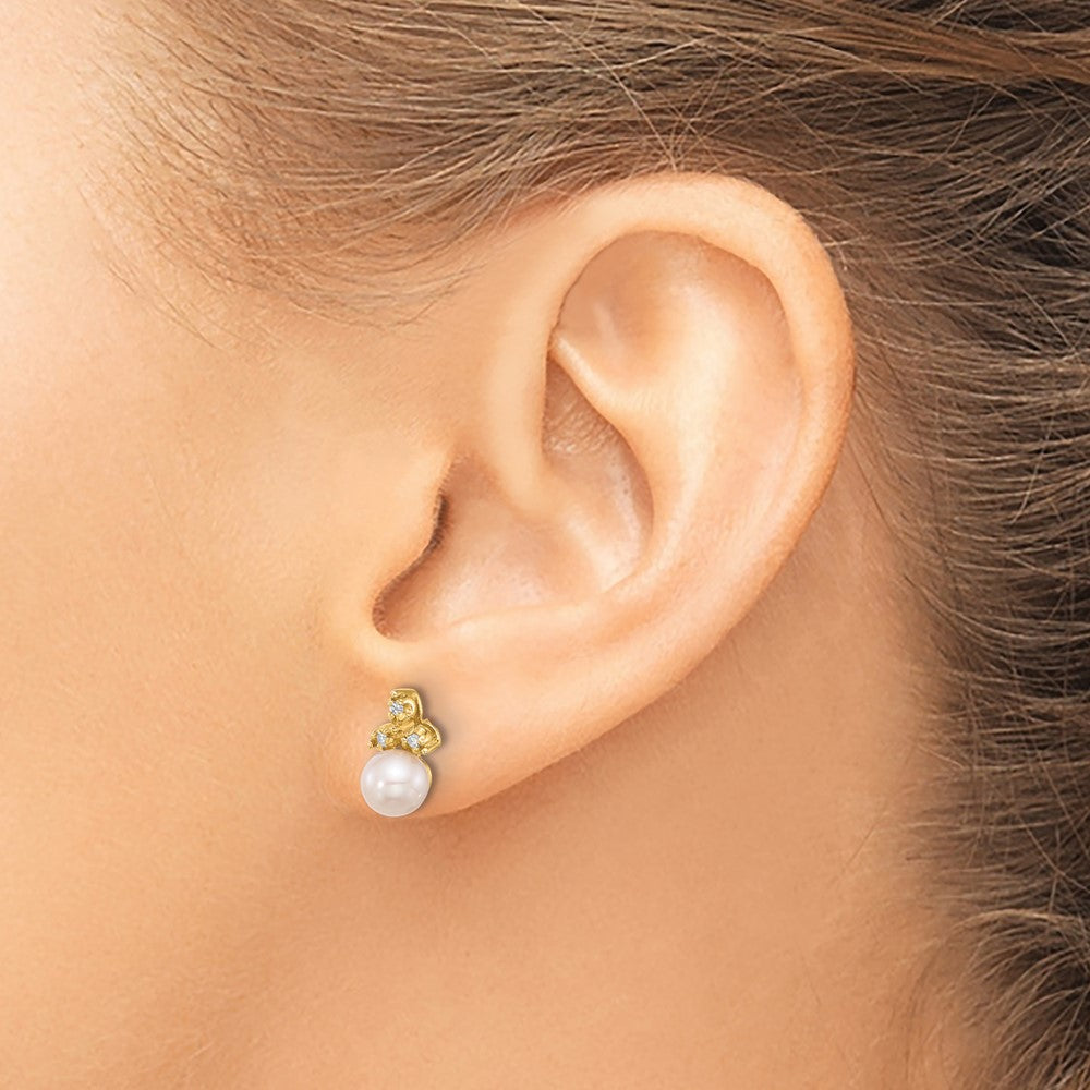 14K Yellow Gold 5-6mm Button Freshwater Cultured Pearl and .06 Carat Diamond Post Earrings