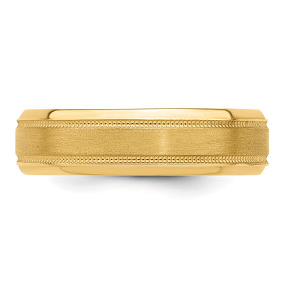 14K Yellow Gold 6mm Standard Weight Comfort Fit Brushed Satin/Polished Milgrain Grooved Edge Wedding Band Ring