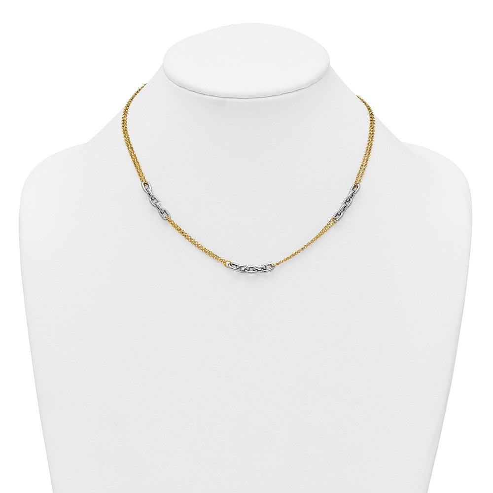 14K Two-Tone Gold Polished 4.8mm Fancy Oval Link and Double Strand Chain 17 Inch Necklace Plus 2 Inch Extender