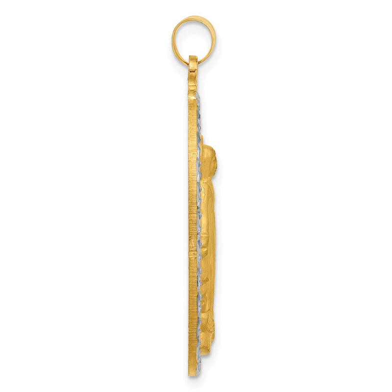14K Yellow Gold and Rhodium Polished and Satin Solid Miraculous Medal Oval Pendant
