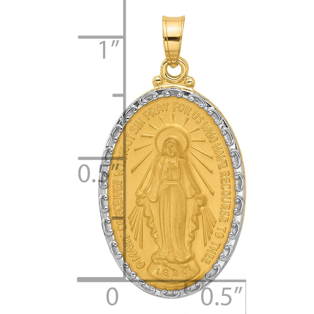 14K Yellow Gold and Rhodium Polished and Satin Solid Miraculous Medal Oval Pendant