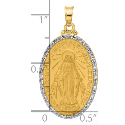 14K Yellow Gold and Rhodium Polished and Satin Solid Miraculous Medal Oval Pendant
