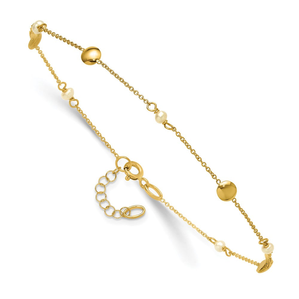 14K Yellow Gold Freshwater Cultured Pearl / Round Beads 9 Inch Plus 1 Inch Extender - Total 10 Inch Anklet