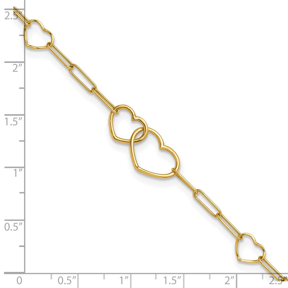 14K Yellow Gold Polished Double Hearts and Paper Clip Links 7.5 Inch Bracelet