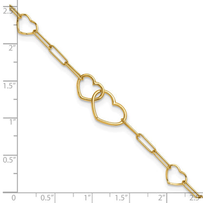 14K Yellow Gold Polished Double Hearts and Paper Clip Links 7.5 Inch Bracelet