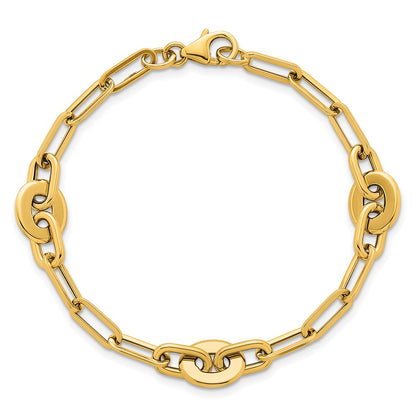 14K Yellow Gold Polished Flat Oval and Paperclip Link Chain Bracelet