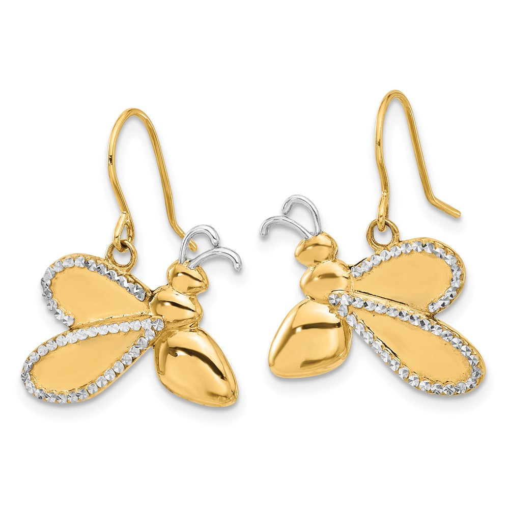 14K Yellow Gold and Rhodium Diamond-cut Large Bee Dangle French Hook Earrings
