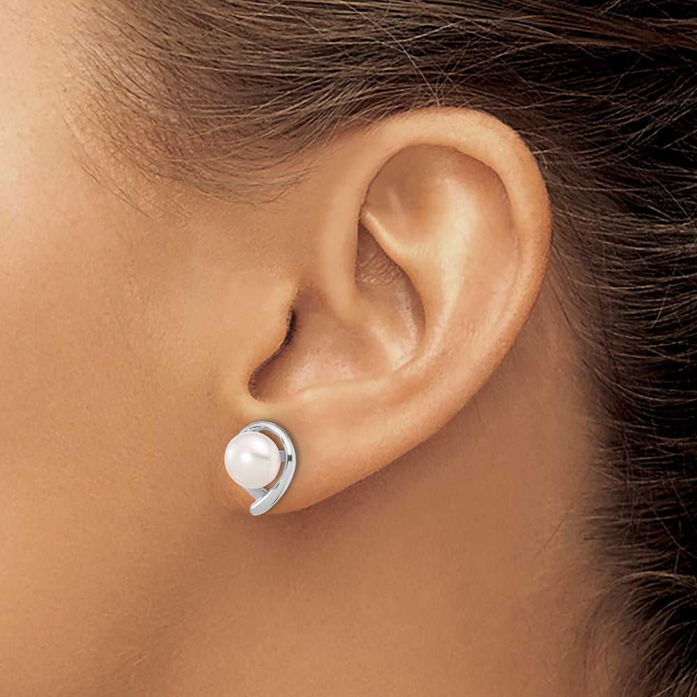 14K White Gold 7-8mm White Button Freshwater Cultured Pearl Post Earrings