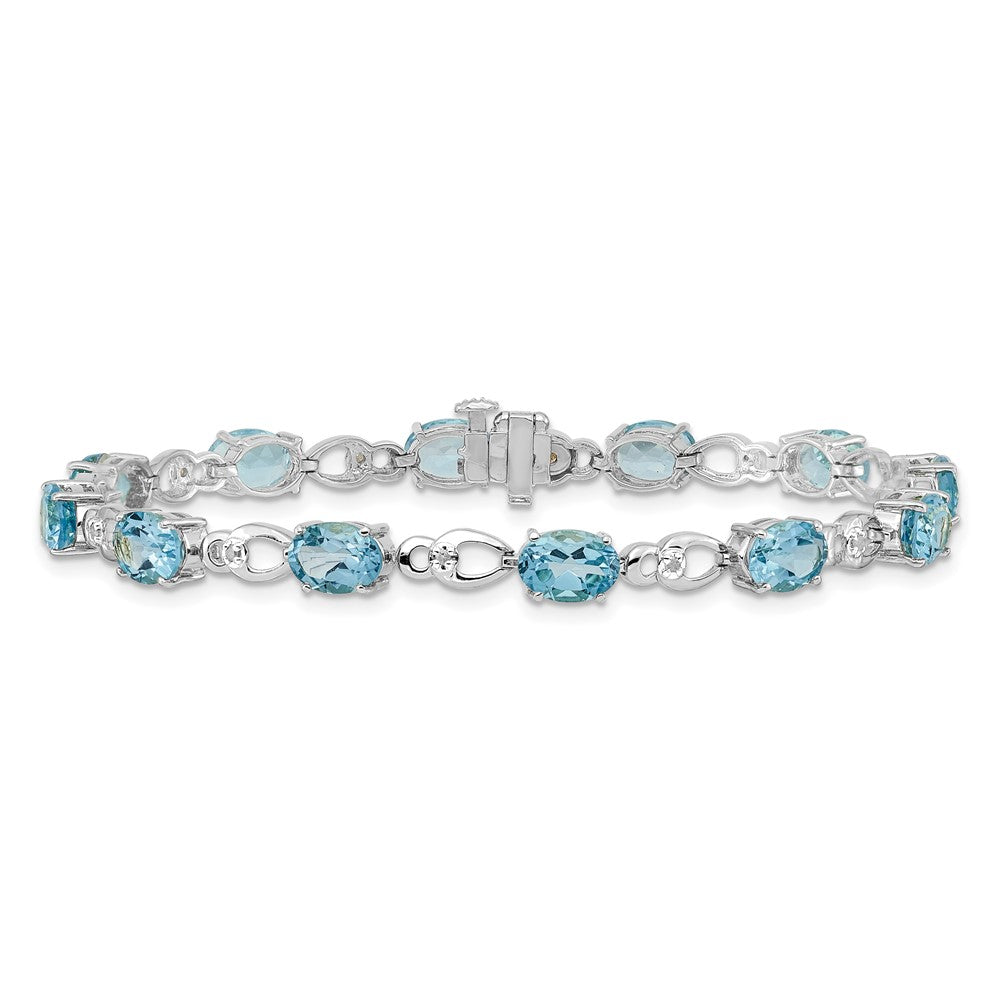 14K White Gold Complete Oval Swiss Blue Topaz and Diamond Fancy Link 7 Inch Bracelet