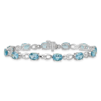 14K White Gold Complete Oval Swiss Blue Topaz and Diamond Fancy Link 7 Inch Bracelet
