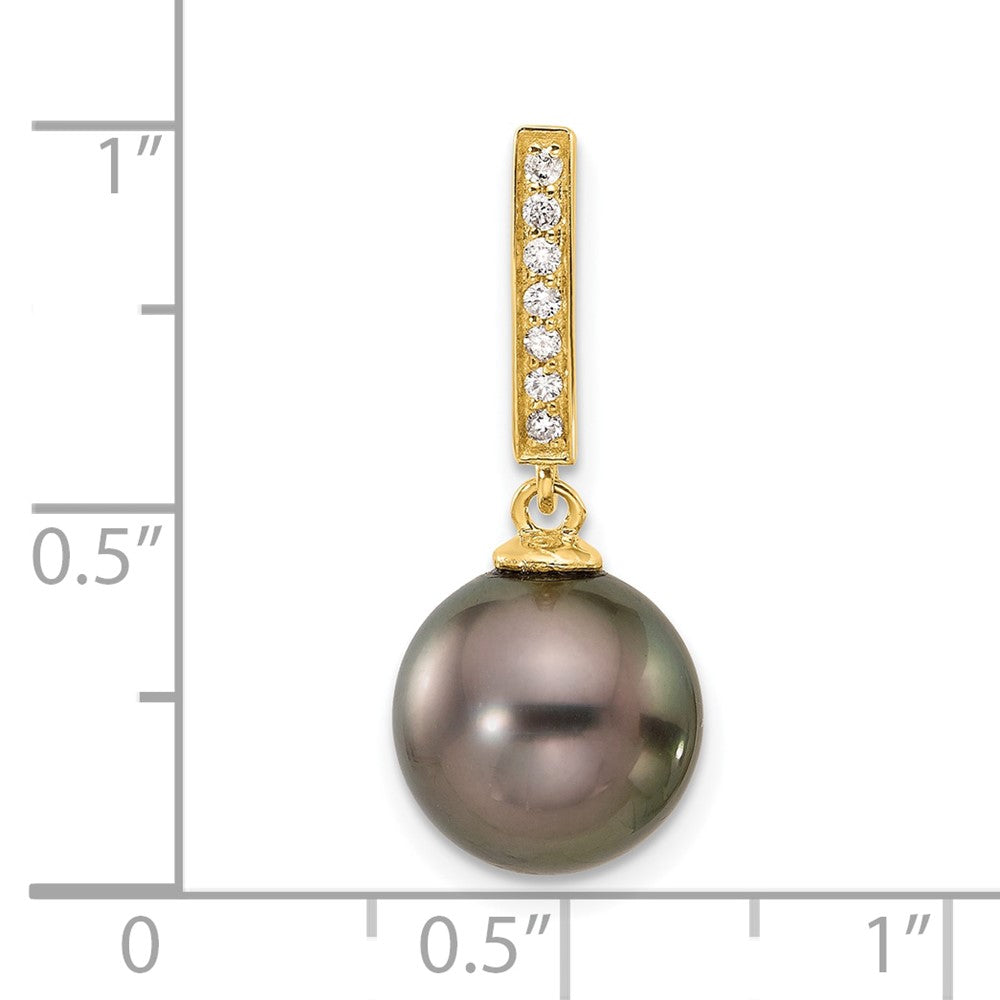 14K Yellow Gold 10-11mm Black Round Tahitian Saltwater Cultured Pearl and .07 Carat Diamond Dangle Chain Slide