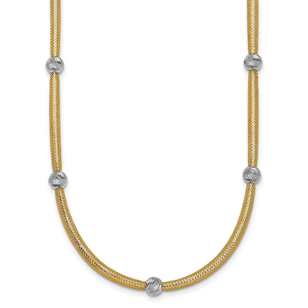 14K Yellow Gold Polished with Rhodium 5-Station Diamond-cut Beads 4mm Flexible Mesh 18 Inch Necklace