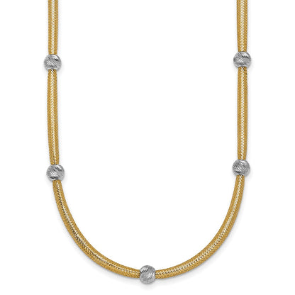 14K Yellow Gold Polished with Rhodium 5-Station Diamond-cut Beads 4mm Flexible Mesh 18 Inch Necklace