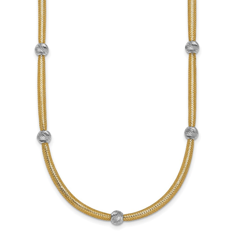 14K Yellow Gold Polished with Rhodium 5-Station Diamond-cut Beads 4mm Flexible Mesh 18 Inch Necklace