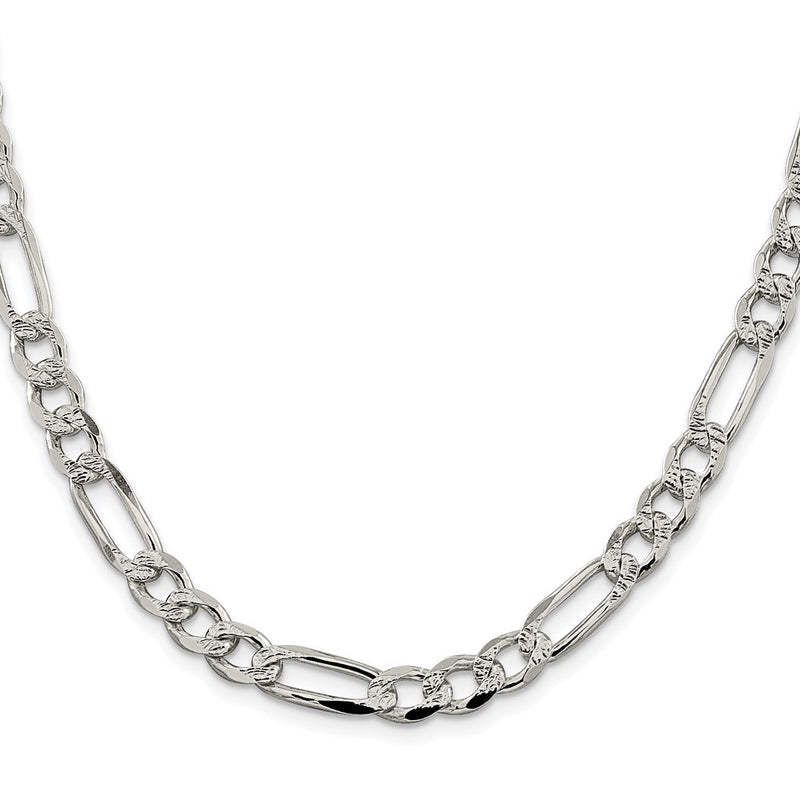 Sterling Silver Rhodium-plated 7.25mm Pav‚ Flat Figaro 30 Inch Chain