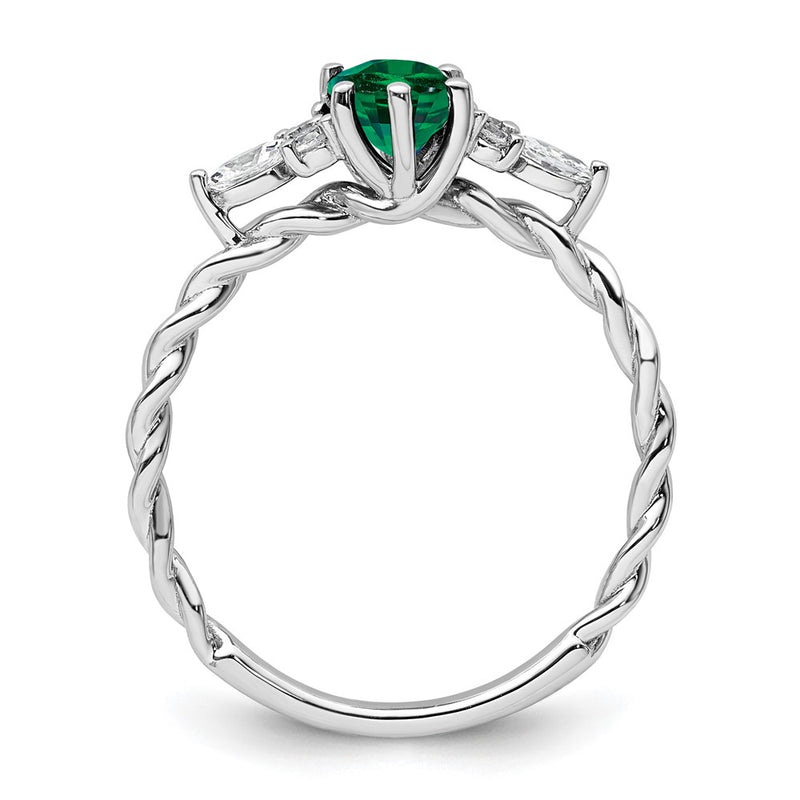 14K White Gold Diamond and 7x5 Oval May/Lab Created Emerald Size 7 Twisted Ring