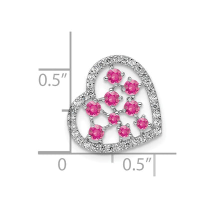 14K White Gold Polished Diamond and Pink Tourmaline Heart Chain Slide