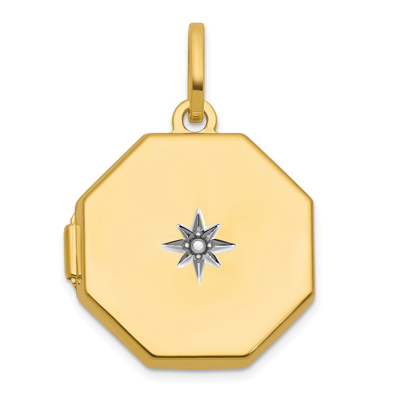 14K Yellow Gold Half Point Diamond Polished With Star 18mm Octagon Shaped Locket