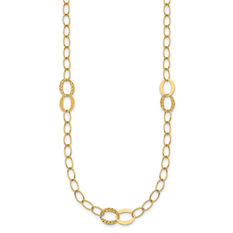 14K Yellow Gold Polished and Textured Fancy Oval Link 3-Station 16.75 Inch Necklace