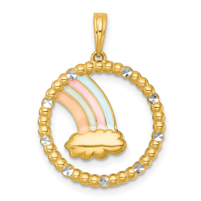 14K Yellow Gold with Rhodium Multi Color Enamel Rainbow With Cloud in Circle Charm