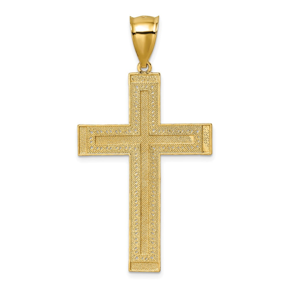 14K Yellow Gold and Rhodium Polished Diamond-cut Textured Fancy Latin Cross Pendant