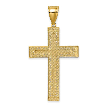 14K Yellow Gold and Rhodium Polished Diamond-cut Textured Fancy Latin Cross Pendant