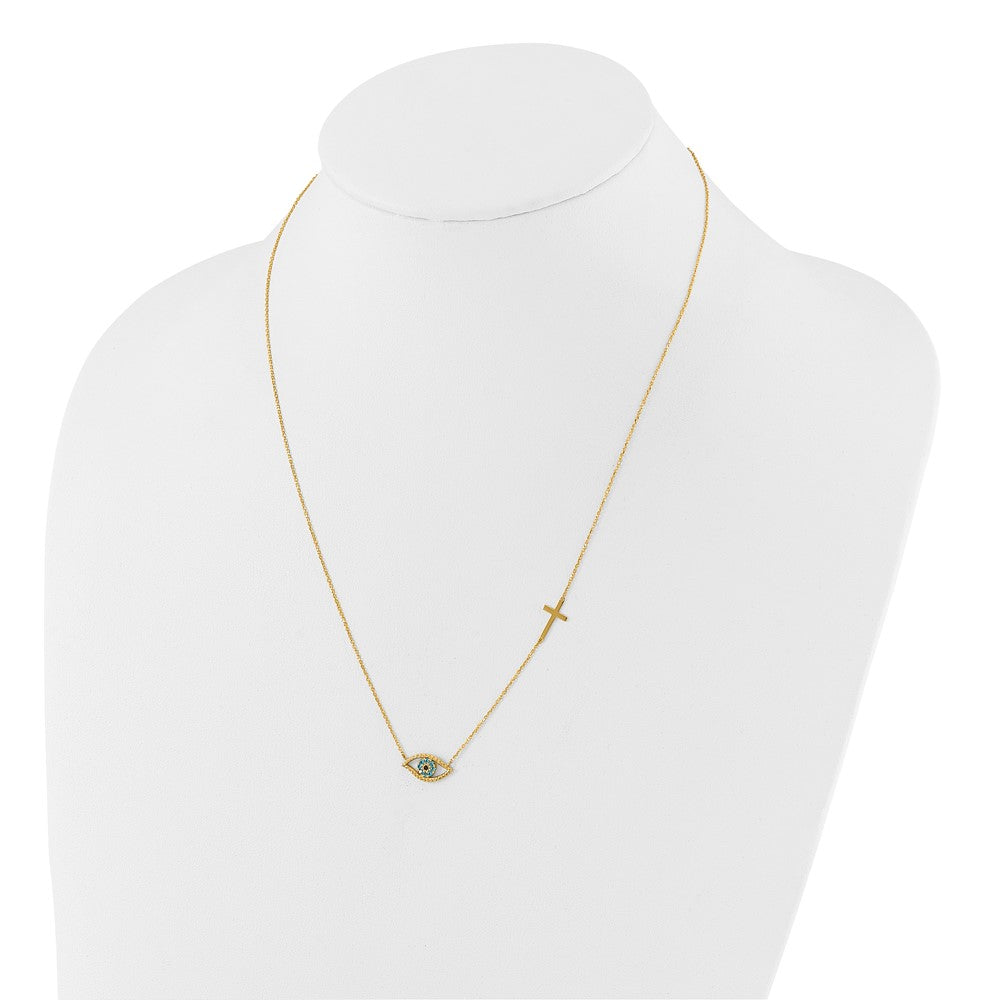 14K Yellow Gold Polished Blue CZ Evil Eye and Cross 18 Inch Necklace Plus 2 Inch Extender