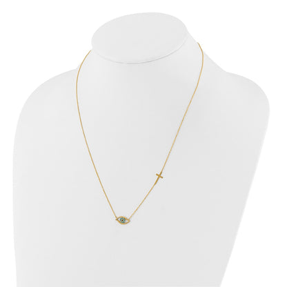 14K Yellow Gold Polished Blue CZ Evil Eye and Cross 18 Inch Necklace Plus 2 Inch Extender