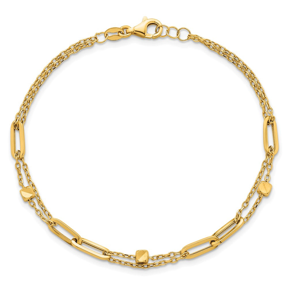 14K Yellow Gold Polished and Beaded 2-Strand with Fancy Paperclip Link Chain Bracelet